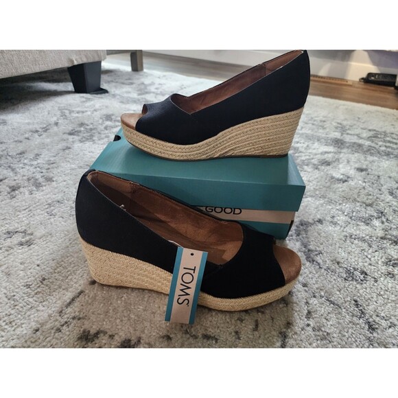 Skechers Shoes - Toms Womens Rania Black Beige Peep Toe Slip-On Espadrille Sandals Size 8 w/ Tags